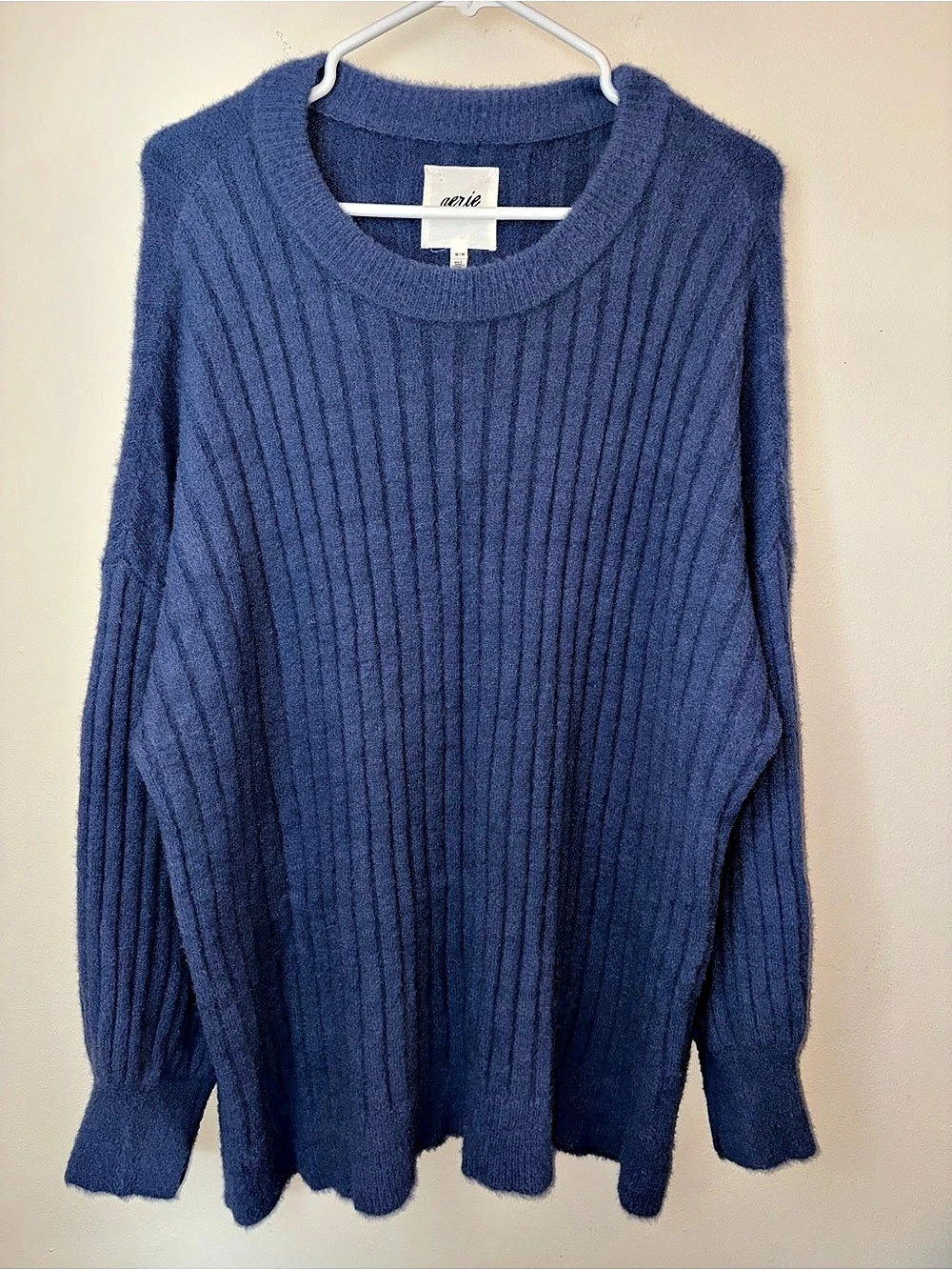 Aerie Oversized Fuzzy Ribbed Crewneck Sweater Womens Medium M Blue Tunic Soft